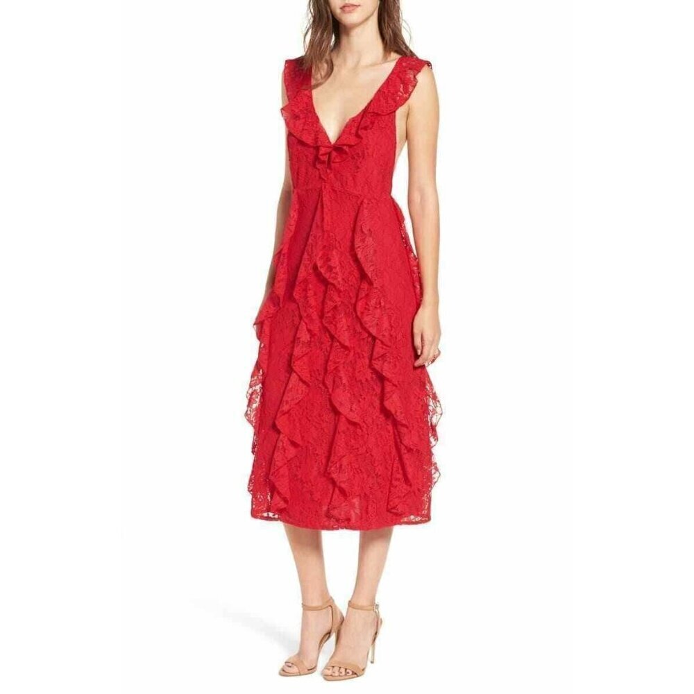 AFRM Women's Red Ingrid Ruffle Lace Plunging V-neck Midi Dress Size XS